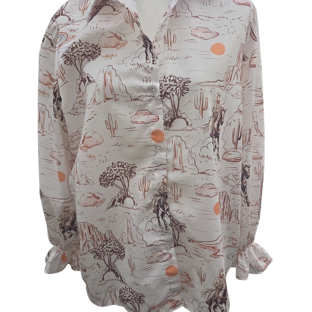 Cherry BETTY large Scenic Western Cowboy Print Women's Blouse - Picture 2 of 7
